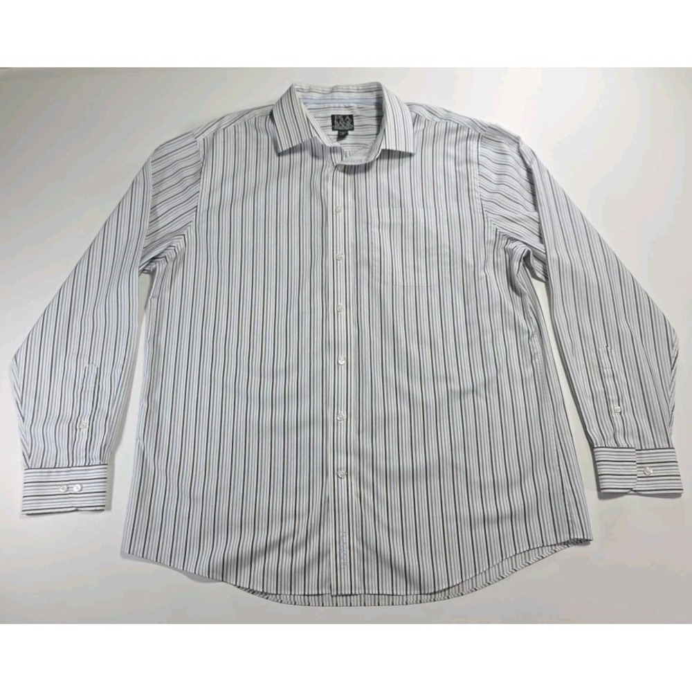 Jos A Bank Signature Shirt XL White W/ Blue Brown Stripes Button Up Long Sleeve